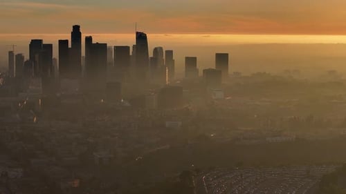 Aerial view of downtown skyline at sunset, United States.