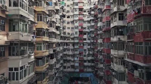 Aerial of an old apartment complex called Yick Fat on Quarry Bay, Hong Kong, China. Known also as Mo
