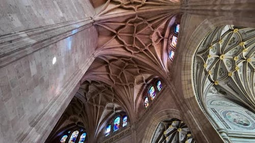 Low angle view of gothic cathedral ceiling with intricate vaults, arches and stained glass details