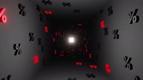 Percent symbols in black tunnel background 3d render. Concept of discounts, sales, seasonal promo