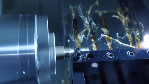 Turning Milling Machine Cutting Metal At Modern Factory Close-Up. Concept Industry Metalworking T...