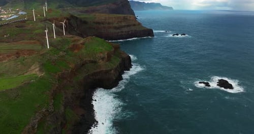 Wind Turbines At Ponta de Sao Lourenco In The Early Morning In Madeira, Portugal. - aerial