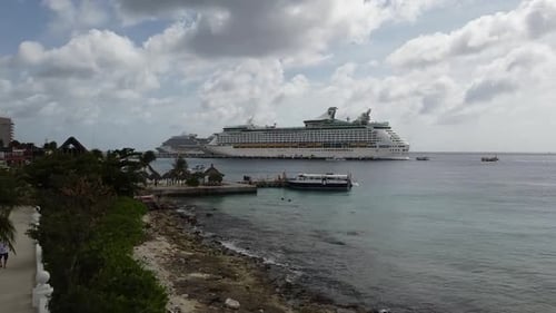 Aerial View of a Docked Cruise Ship in the Caribbean