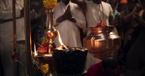 Hindu Religious Ceremony Traditions: Slow Motion of Group of People Lighting Incence, Chanting a