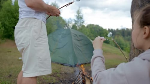 Couple Roasting Marshmallows at Campsite in the Woods