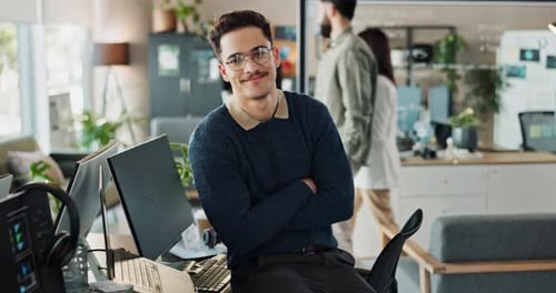 Man, office and face with arms crossed for coding, programing and system update as software