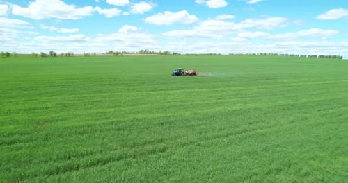 Tractor Sprays Agricultural Crops the Field Aerial View