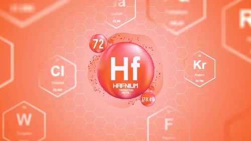 Animated Hafnium Element Symbol on Orange Hexagonal Background