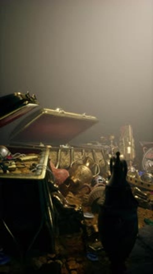 Dramatic Light Reveals Gold and Ancient Artifacts in Treasure Chest