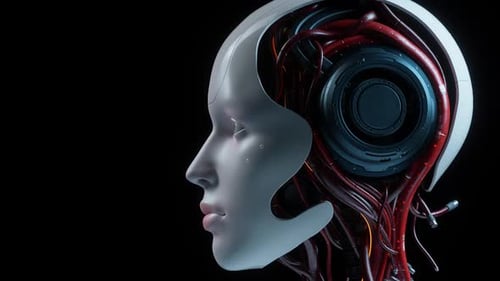 Futuristic AI Robot Head with Intricate Wiring Animation