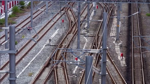Train Tracks and Locomotive Aerial View
