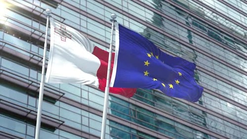 Realistic Malta and European Union Flags Waving on Flagpoles
