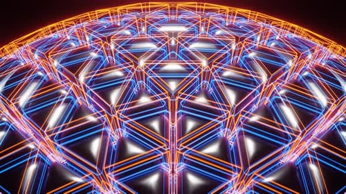 Neonleuchtender Sci-Fi-Kugelhintergrund in Orange, Blau und Grau, VJ Loop in 4K