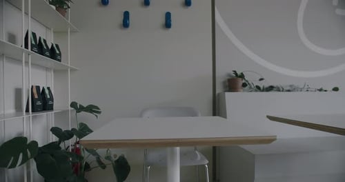 Wooden table, chair and green plant at cafe with modern interior