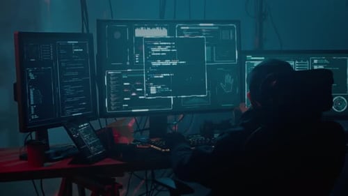 Person Coding at Computer Surrounded by Monitors