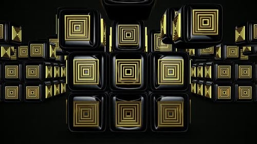 Abstract Rotating Gold Squares on Glossy Black Cubes