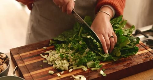 Chopping fresh vibrant greens on cutting board in kitchen
