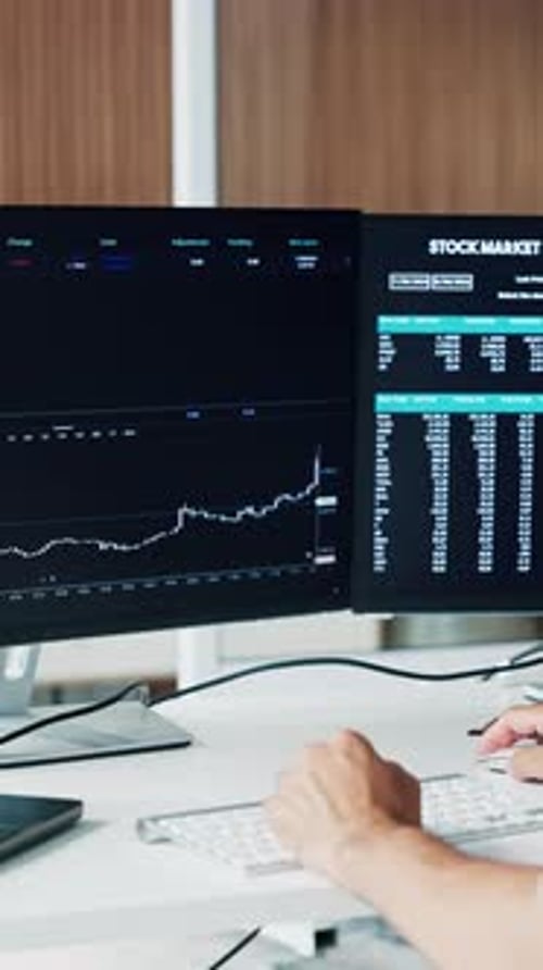 Hands, trading and computer screen with graphs in office with typing, review stats and stock market