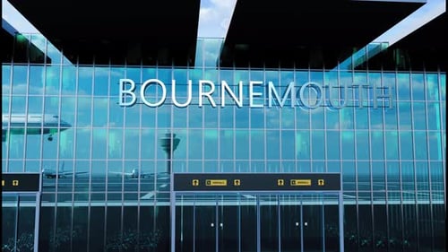 Avión aterriza en Bournemouth y llegada a la ciudad con el reflejo del aeropuerto y la aeronave