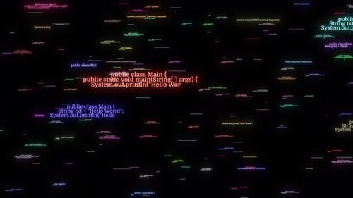 Linguagem de programação de computador digitando e voando em fundo preto. Computador de tecnologia digital