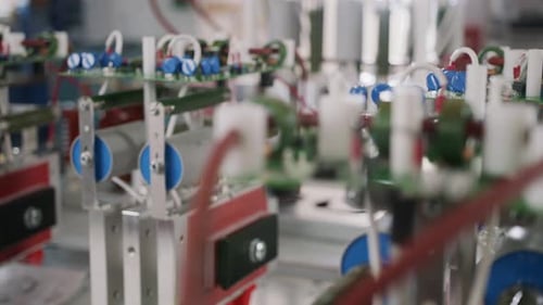 Electronic components and capacitors inside an electronic device. Close up tracking shot.
