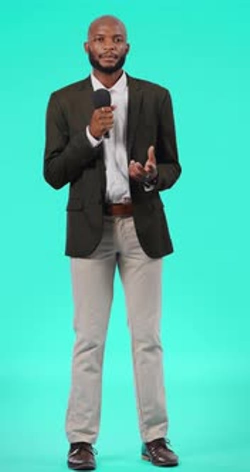 Face, black man and reporter with a microphone, interview for a story and employee against a blue