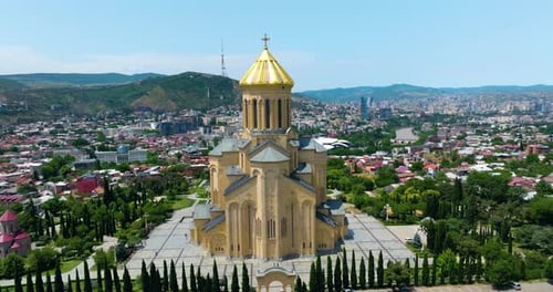 Architectural Holy Trinity Cathedral of Tbilisi Sameba With Golden Dome In Tbilisi, Georgia. Aerial