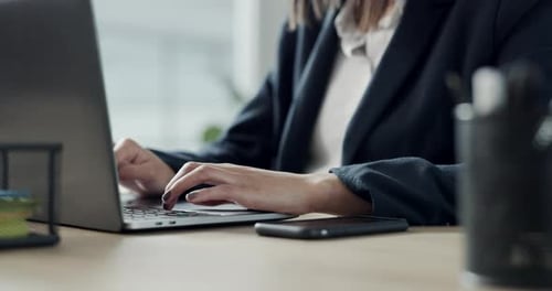 Hands, person and keyboard typing on laptop with email and website developer project in a office