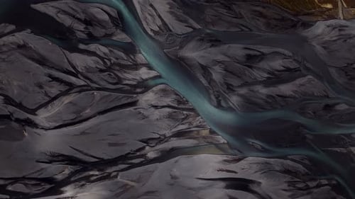 Vue aérienne du réseau fluvial de Rangarping Eystra, Islande.