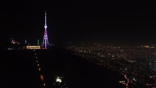 Aerial view of center of Tbilisi under Mtatsminda mountain, Georgia 2022