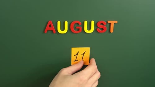 Hand sticking a sticker 11 August calendar day on school board. 11 date of august. Eleventh day