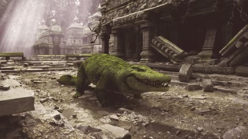 Scène vivante d'un crocodile recouvert de mousse protégeant d'anciennes structures en pierre