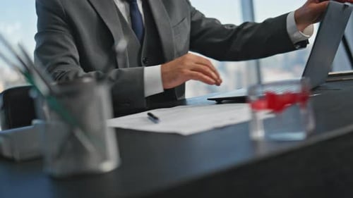 Closeup Businessman Open Laptop in Office Worker Hands Typing Computer Online