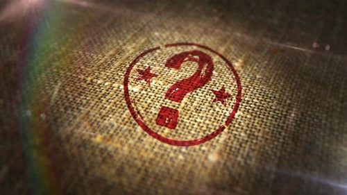 Question mark quest and answers sign stamp on linen sack loop