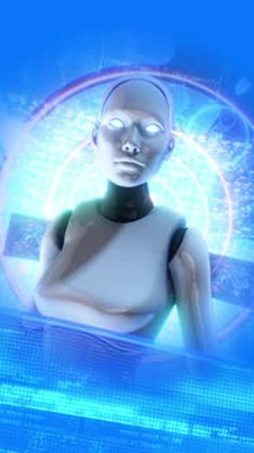 Futuristic AI Robot with Digital Holographic Interface and Data Display