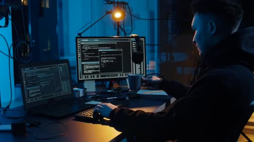Un hacker asiatique boit un café en codant une cyberattaque la nuit
