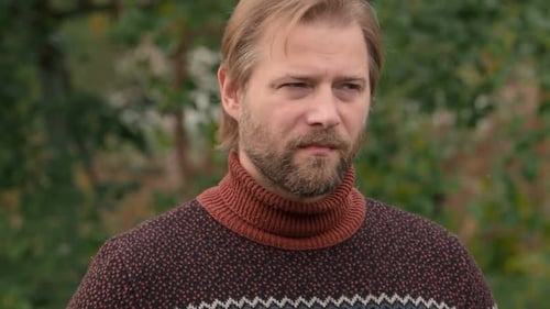 Blond Man Wearing Turtleneck Sweater Outdoors Close Up