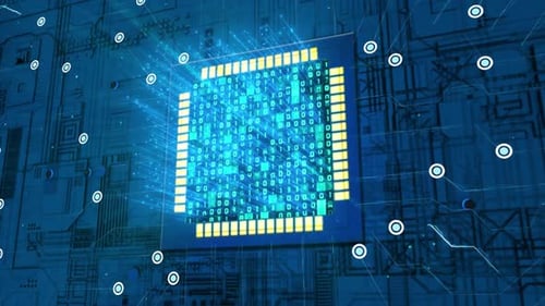 Digital Data Flow on Futuristic CPU Microchip Circuit Board