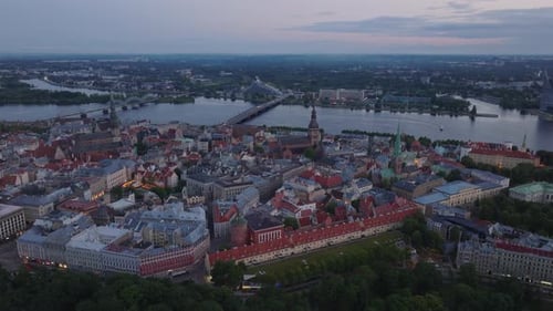 Aerial Panoramic View of Historic Buildings Churches and Tourist Sights in Old Town District at Dusk