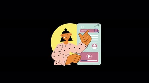 Illustration of a woman using a search interface design.