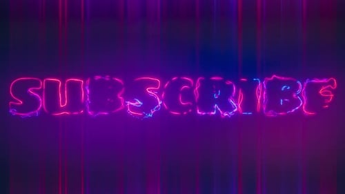 Subscribe uppercase text in colorful neon letters and lightnings. Loop 4K Background.