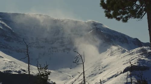 Wehender und wirbelnder Schnee während eines Wintersturms in den Rocky Mountains.
