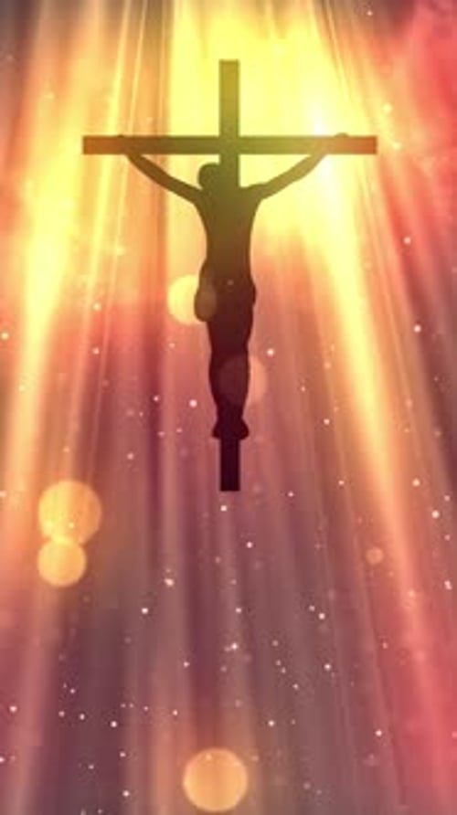 Easter Cross Silhouette with Golden Light Rays and Glowing Particles