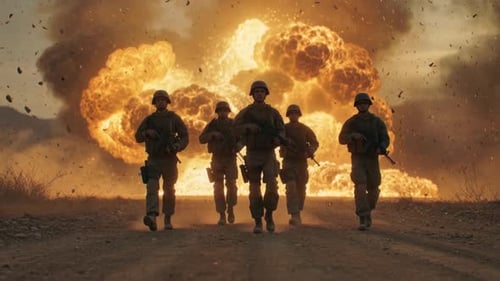 Military Soldiers Walking Away From a Dramatic Explosion