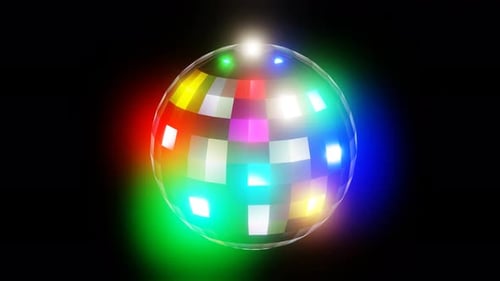 3D Loop Animation Rotating Retro Disco Mirror Ball with Color Glow Reflections on Black Background