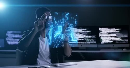 Man, programming and dashboard hologram at night on computer or coding software application