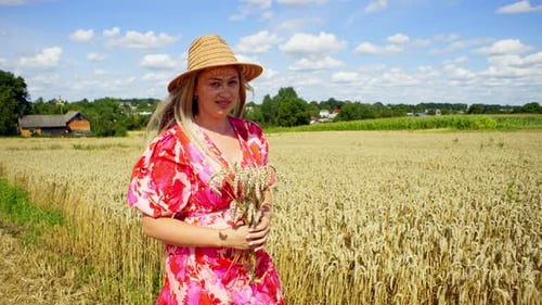 A Caucasian Woman is Walking and Holding Ears of Wheat in Her Hands