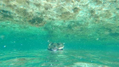 Vue à l'envers d'une jeune fille faisant de la plongée en apnée sur une plage peu profonde s'approchant de la caméra