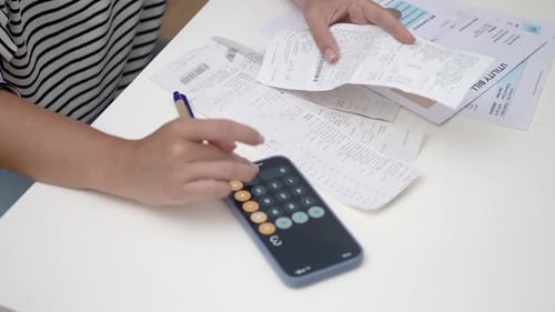 Home Financial Close Up Woman Calculates Expenses Online Banking Handles Taxes Pays House Bills