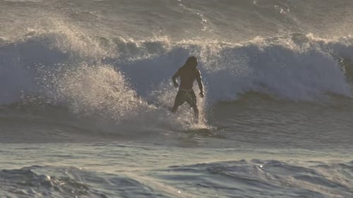 Ride Surfing on Surfboard in Beautiful Ocean Waves Slow Motion